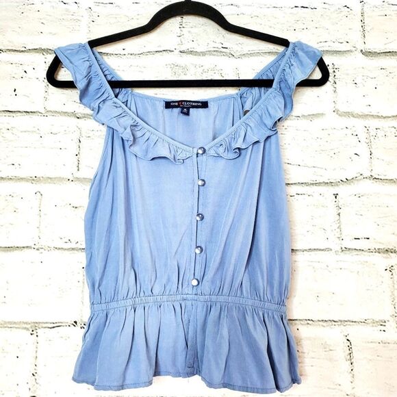 One clothing cold shoulder chambray peplum top Size small blue - Picture 1 of 5